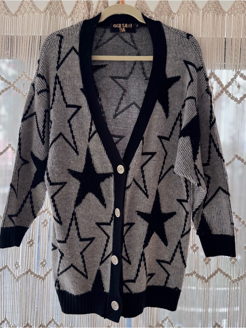 Kitson Gray Star-Print Button Cardigan Sweater